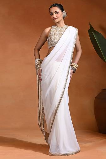 White ivory embroidered chiffon saree set