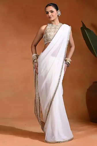 White ivory embroidered chiffon saree set