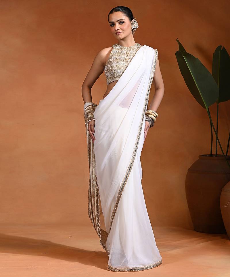 White ivory embroidered chiffon saree set