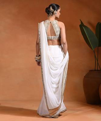 White ivory embroidered chiffon saree set 2
