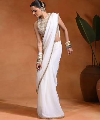 White ivory embroidered chiffon saree set 3