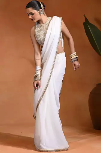 White ivory embroidered chiffon saree set