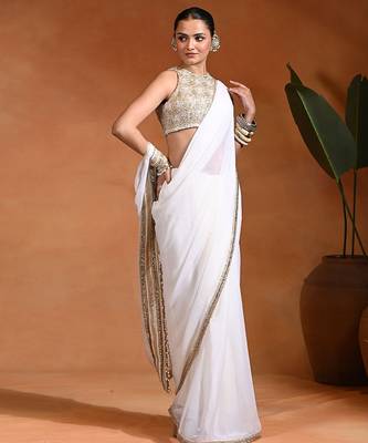 White ivory embroidered chiffon saree set 4
