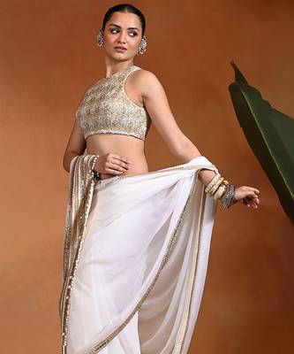 White ivory embroidered chiffon saree set 5