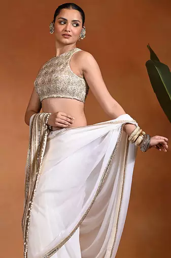 White ivory embroidered chiffon saree set