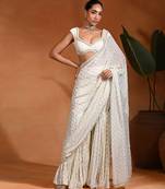 Ivory embroidered dotted georgette dupion silk pant saree set