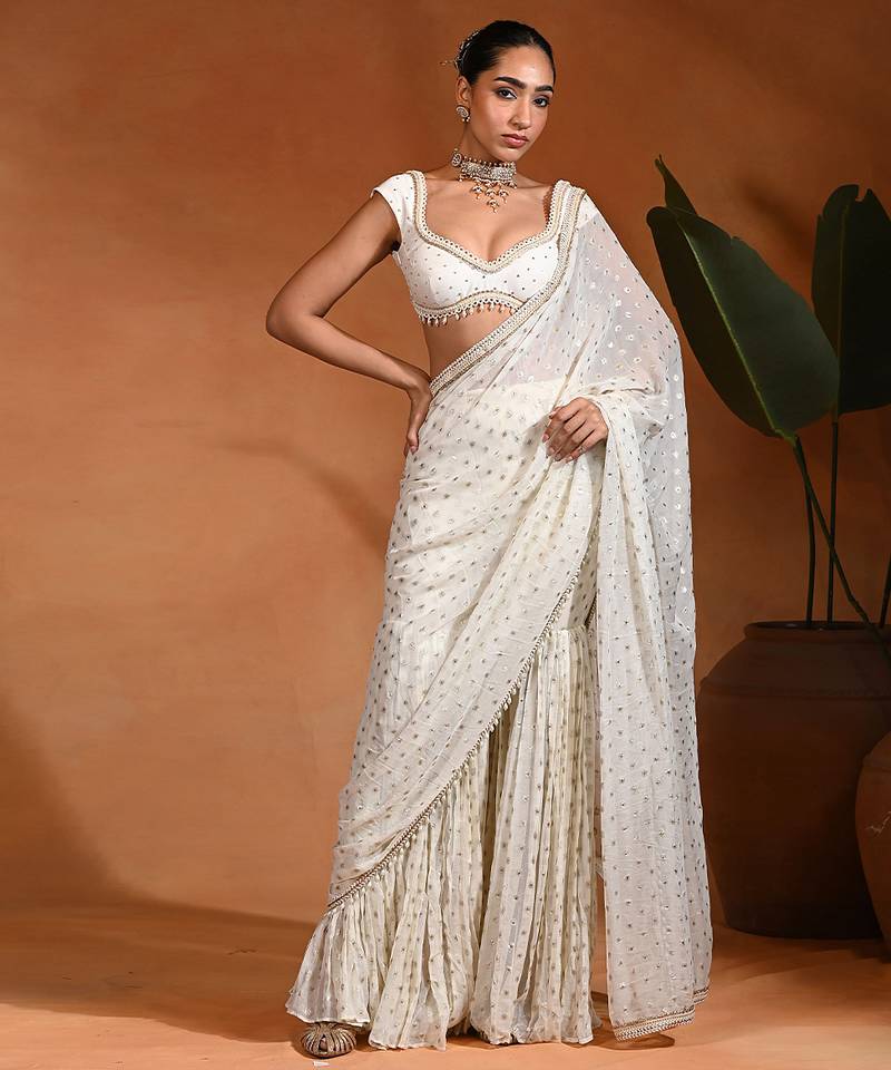 Ivory embroidered dotted georgette dupion silk pant saree set
