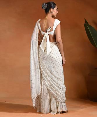 Ivory embroidered dotted georgette dupion silk pant saree set 2