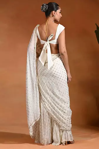 Ivory embroidered dotted georgette dupion silk pant saree set