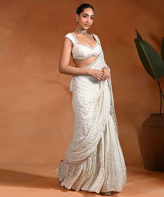 Ivory embroidered dotted georgette dupion silk pant saree set 4