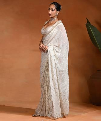 Ivory embroidered dotted georgette dupion silk pant saree set 5