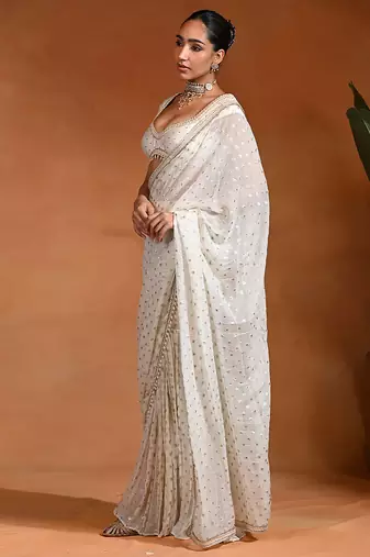 Ivory embroidered dotted georgette dupion silk pant saree set