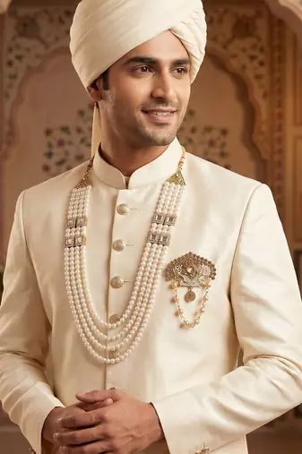   groom sherwani necklace moti mala layered for wedding | groom mala with brooch set