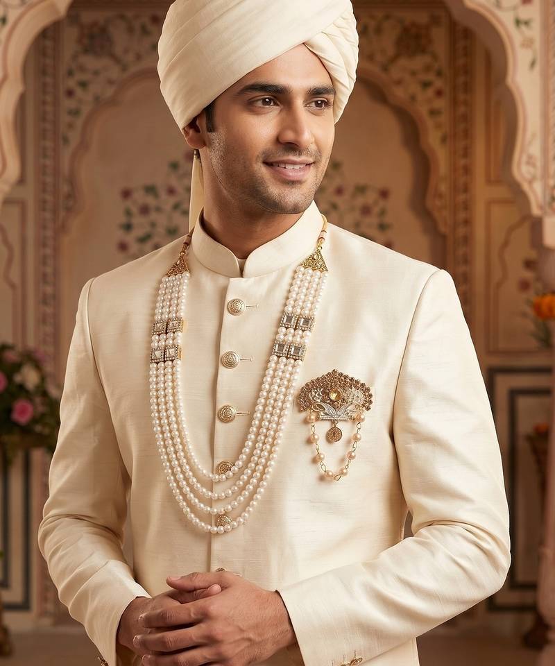   groom sherwani necklace moti mala layered for wedding | groom mala with brooch set