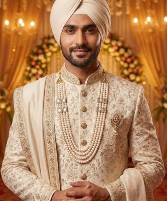   groom sherwani necklace moti mala layered for wedding | groom mala with brooch set 6