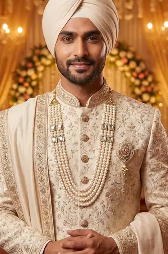  groom sherwani necklace moti mala layered for wedding | groom mala with brooch set