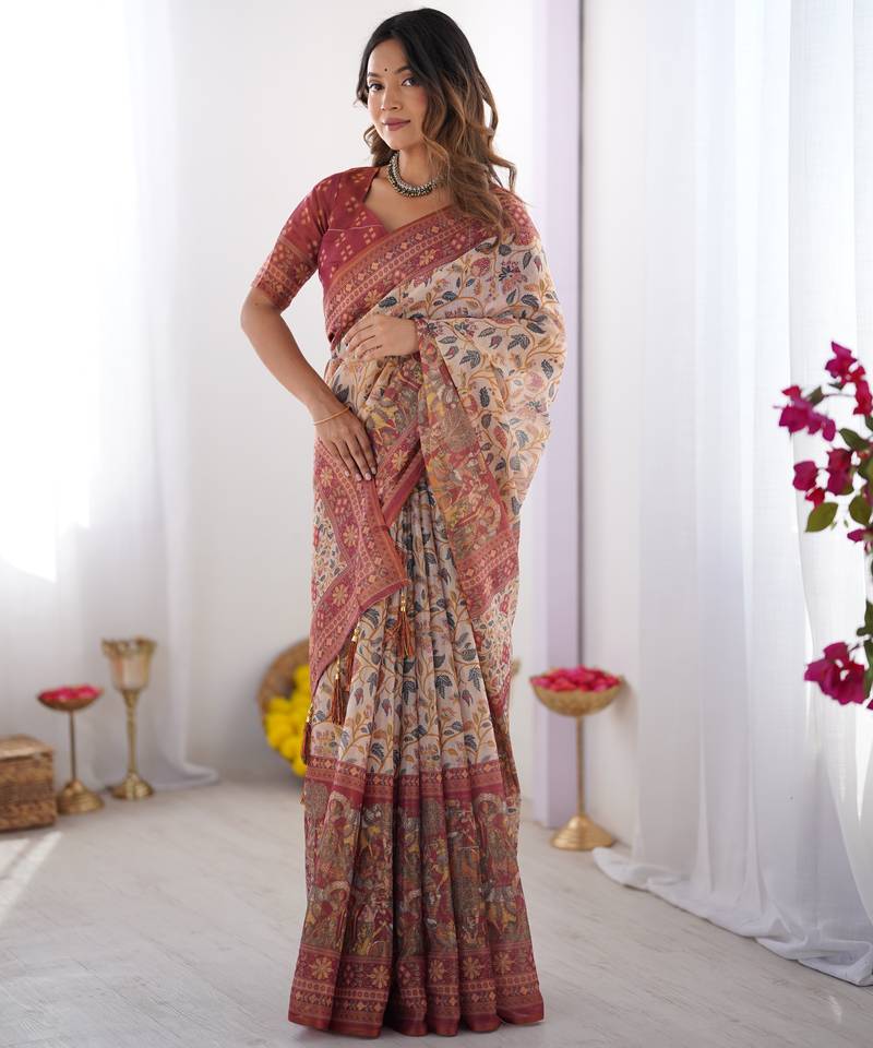 cream  ready to wear saree with  blouse