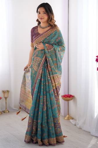 teal blue  ready to wear saree with  blouse