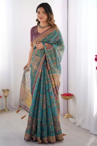 teal blue  ready to wear saree with  blouse