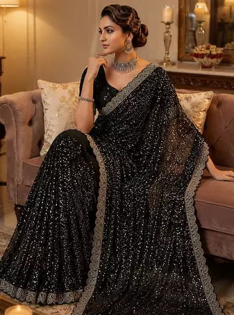 Black Color Beads And Thred  Work Net Saree