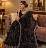 Black Color Beads And Thred  Work Net Saree