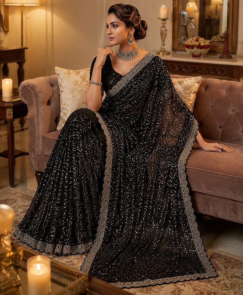 Black Color Beads And Thred  Work Net Saree