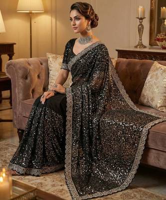 Black Color Beads And Thred  Work Net Saree 2