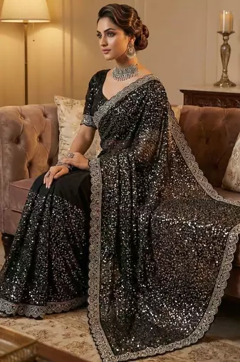 Black Color Beads And Thred  Work Net Saree