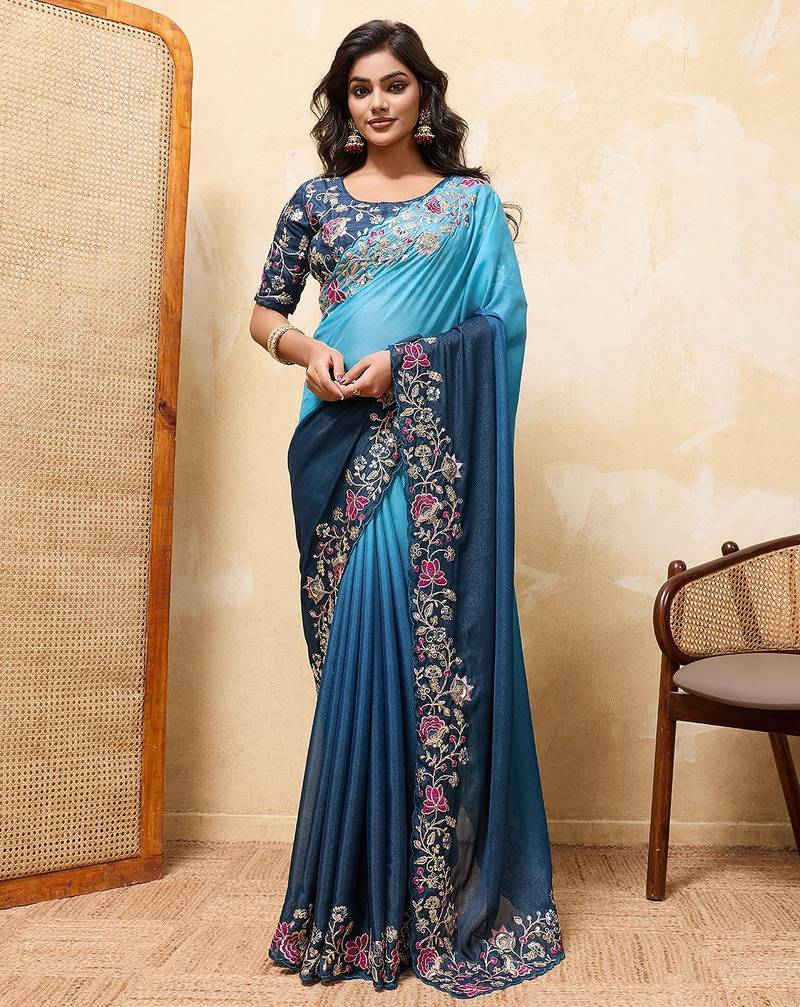 Elegant Sky Blue Embroidered Saree for Women