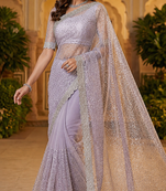 Lavender Color Beads And Thred  Work Net Saree