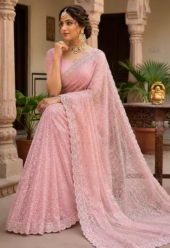 Pink Color Beads And Thred  Work Net Saree