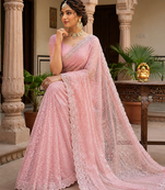 Pink Color Beads And Thred  Work Net Saree