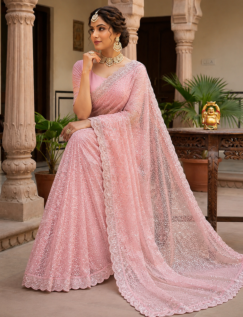 Pink Color Beads And Thred  Work Net Saree