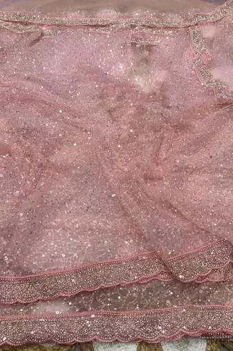 Pink Color Beads And Thred  Work Net Saree