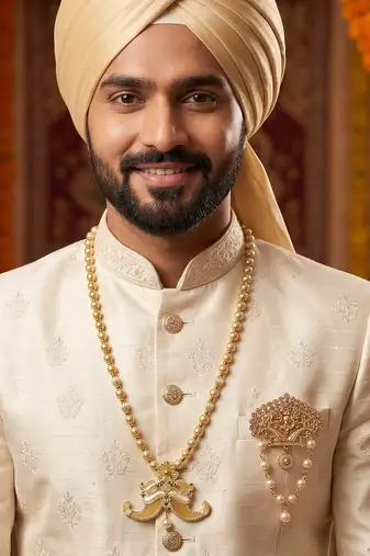   groom sherwani necklace moti mala layered for wedding | groom mala with brooch set