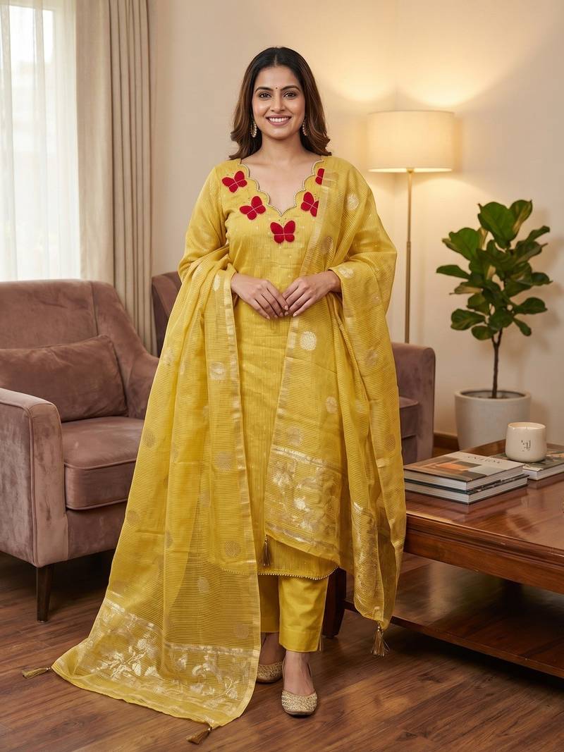 Elegant butterfly embroidered kasa silk dress material set with silk dupatta