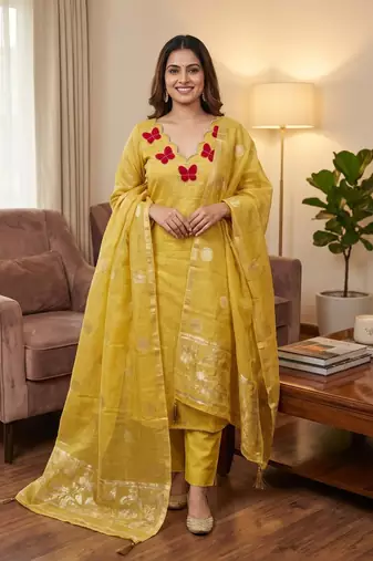 Elegant butterfly embroidered kasa silk dress material set with silk dupatta