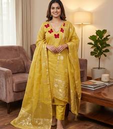 Elegant butterfly embroidered kasa silk dress material set with silk dupatta