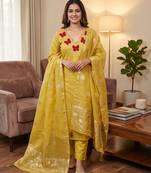 Elegant butterfly embroidered kasa silk dress material set with silk dupatta