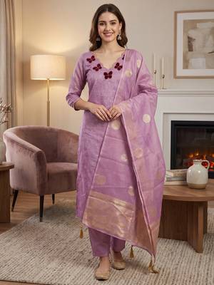 Elegant butterfly embroidered kasa silk dress material set with silk dupatta 1
