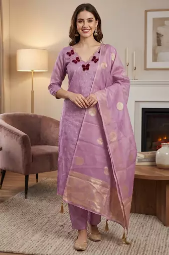Elegant butterfly embroidered kasa silk dress material set with silk dupatta
