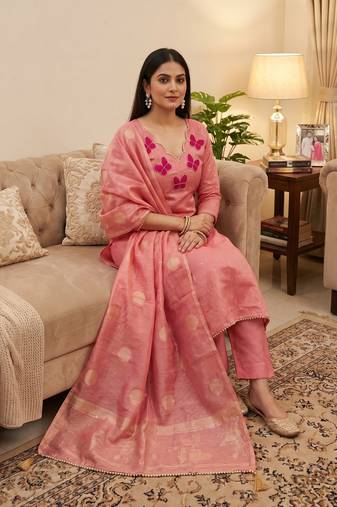 Elegant butterfly embroidered kasa silk dress material set with silk dupatta