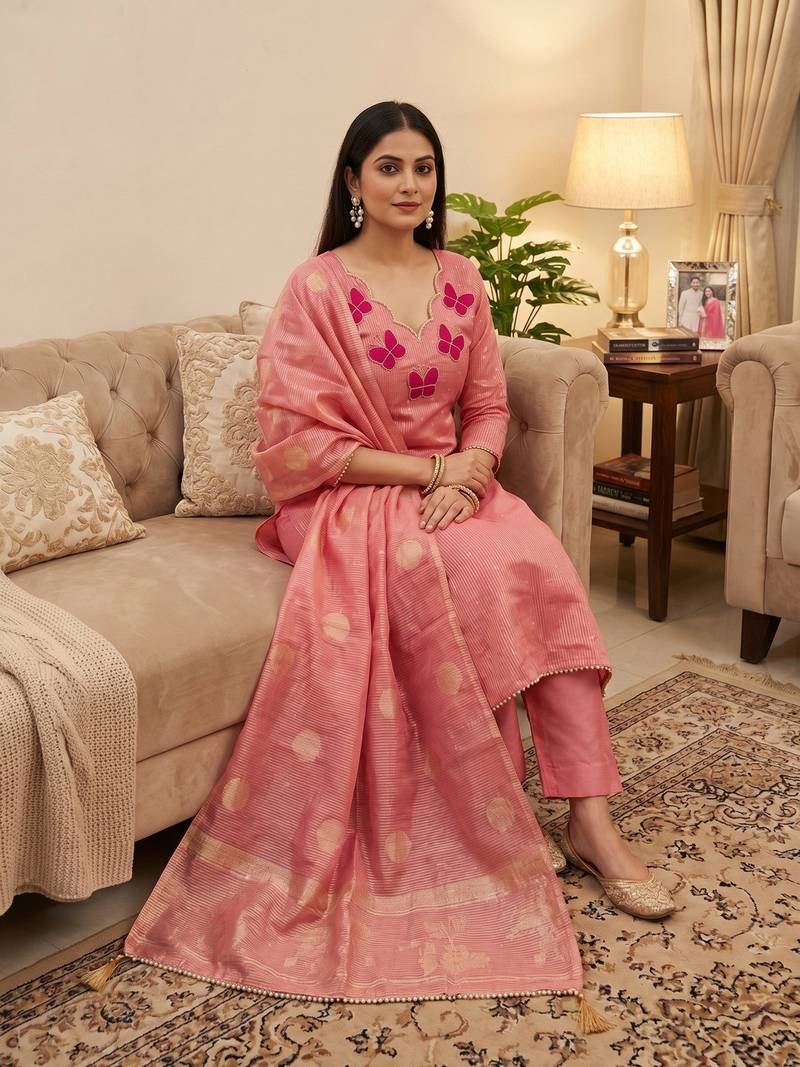 Elegant butterfly embroidered kasa silk dress material set with silk dupatta