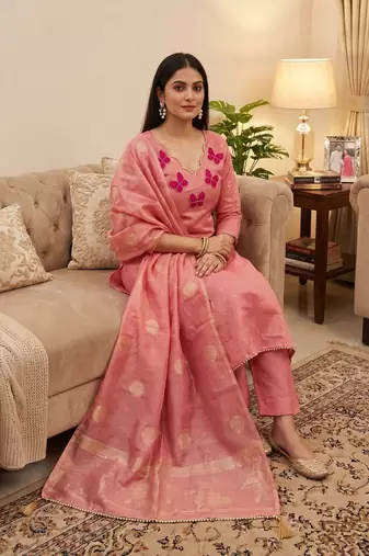 Elegant butterfly embroidered kasa silk dress material set with silk dupatta