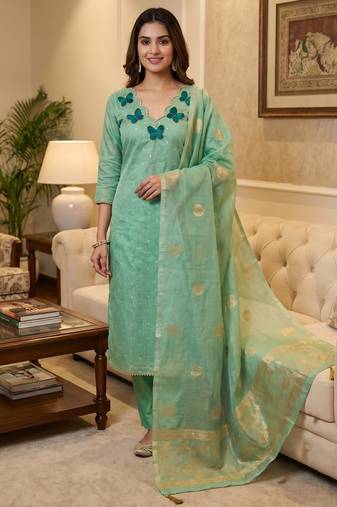Elegant butterfly embroidered kasa silk dress material set with silk dupatta