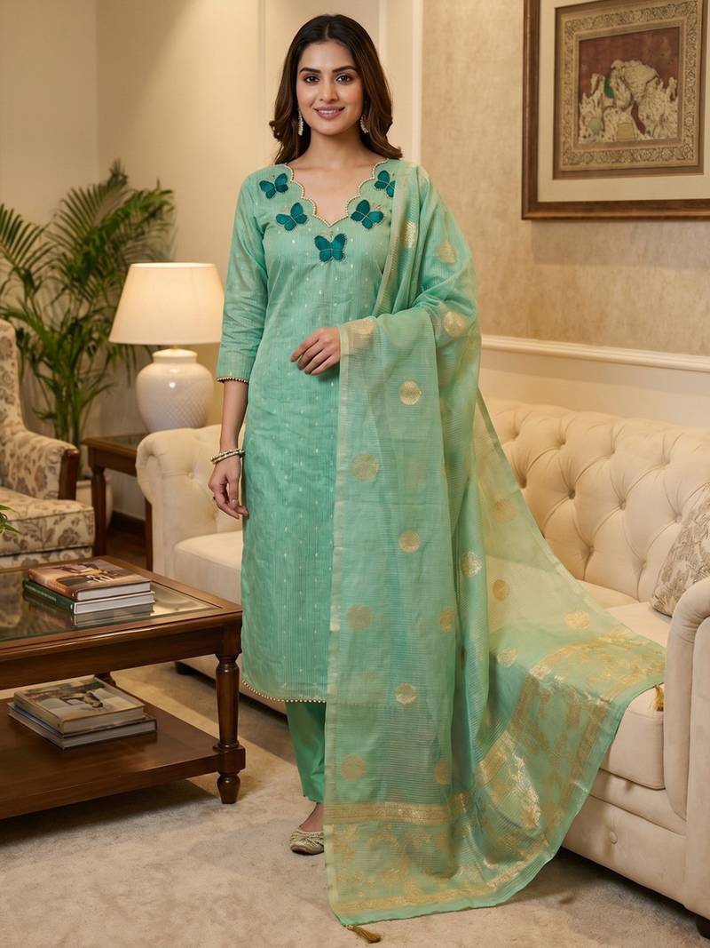 Elegant butterfly embroidered kasa silk dress material set with silk dupatta