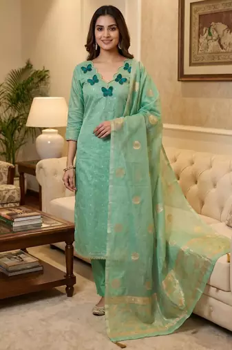 Elegant butterfly embroidered kasa silk dress material set with silk dupatta