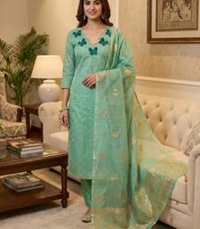 Elegant butterfly embroidered kasa silk dress material set with silk dupatta