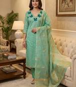 Elegant butterfly embroidered kasa silk dress material set with silk dupatta