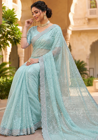 Sky Blue Color Beads And Thred  Work Net Saree